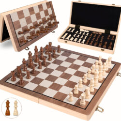 15 Inches Magnetic Wooden Chess Set - 2 Extra Queens - Folding Board - Pieces Storage Slots, Handmade Portable Travel Chess Game